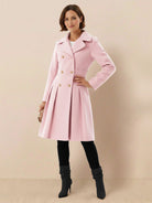 Women's fit and flare trench coat with tailored waist and A-line silhouette, non-wool fabric, knee-length design.
