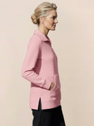 half-zip waffle pullover with fold-over collar and kangaroo pocket in neutral tone