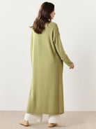 100% Australian Merino Wool long open-front cardigan with ribbed cuffs and patch pockets