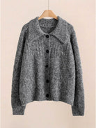 Wool-blend button-front cardigan with wide collar and drop-shoulder sleeves for lightweight warmth and layering