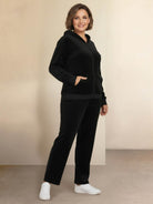 Plus size velour zip-up tracksuit with hoodie and straight-leg pants in soft, wrinkle-resistant fabric