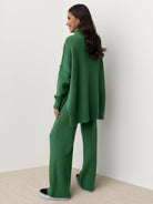 Soft-knit turtleneck top with relaxed fit and matching wide-leg pants set