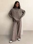Soft-knit turtleneck two-piece set with relaxed fit and wide-leg pants