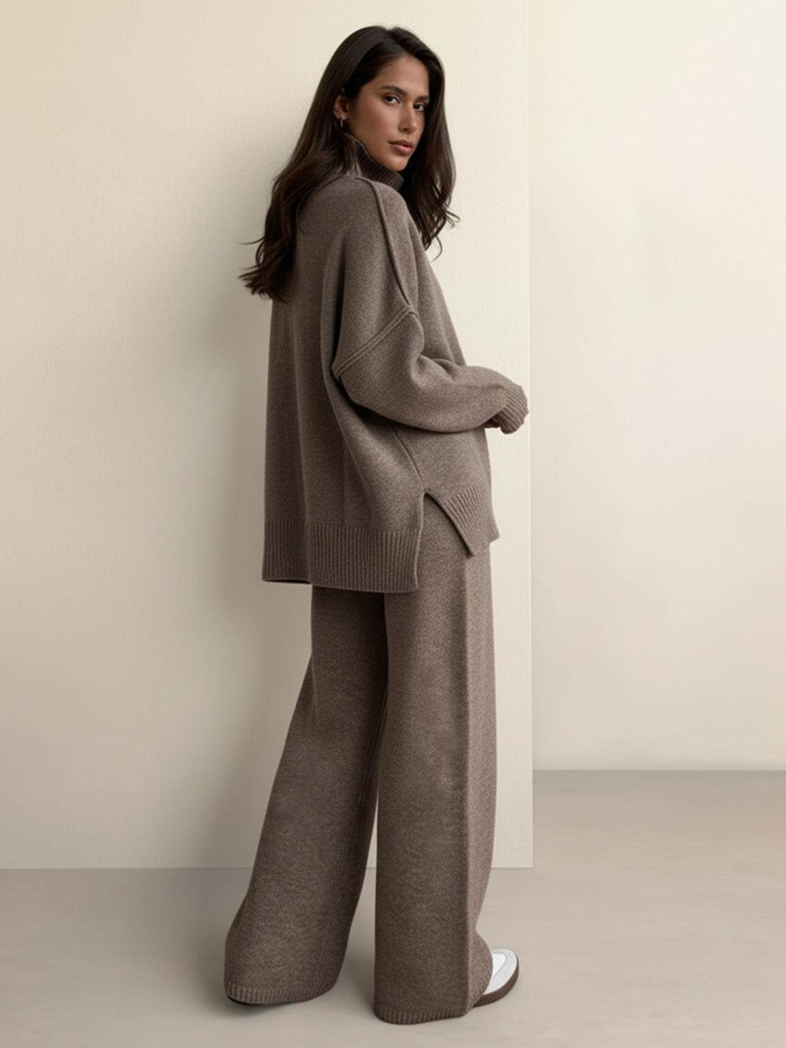soft-knit turtleneck two-piece set with relaxed fit and wide-leg pants in neutral color