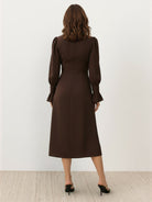 Slimming V-neck midi dress with button-front, ruffle cuffs, and A-line skirt in wrinkle-resistant fabric