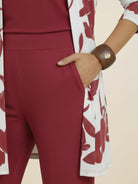 Open-front three-piece co-ord with longline cardigan, tank top, and wide-leg trousers in lightweight knit fabric