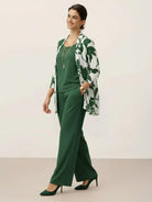 Women's open-front three-piece co-ord with longline cardigan, tank top, and wide-leg trousers in lightweight knit fabric