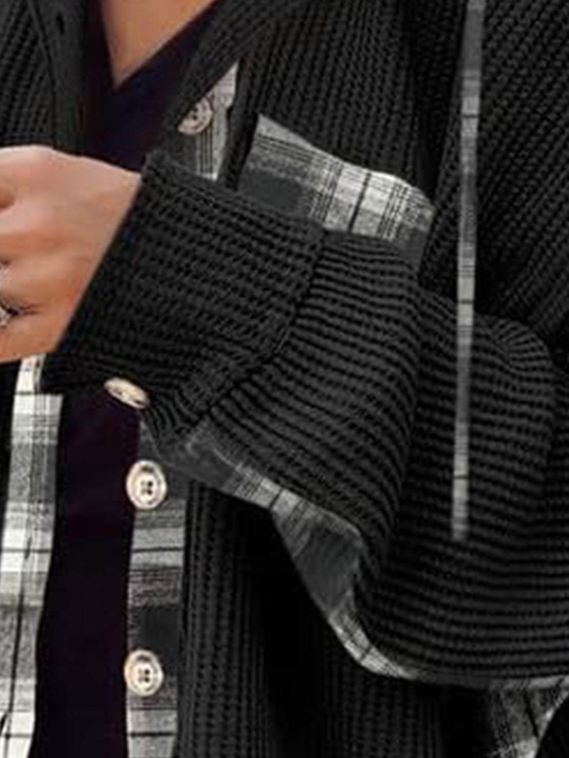 CloudKnit oversized hooded shacket in textured waffle knit with relaxed fit and button-front closure