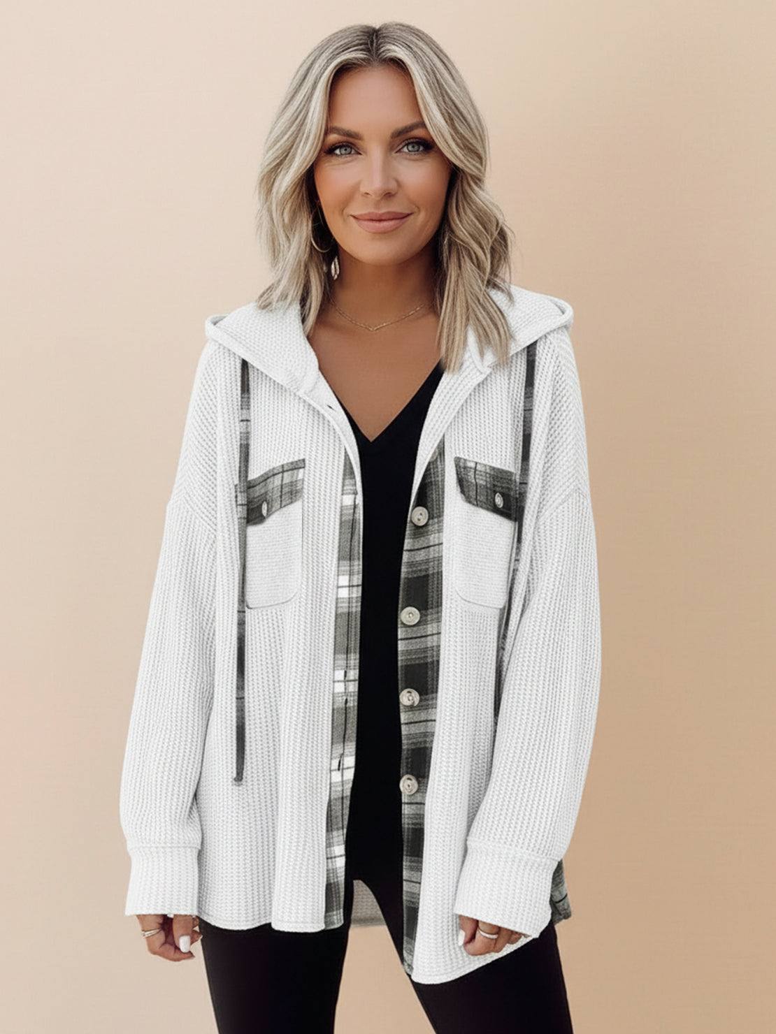 CloudKnit oversized hooded shacket with waffle knit texture and relaxed fit