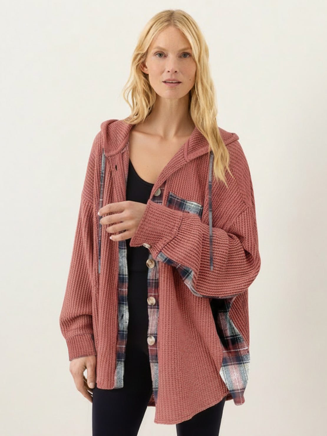 CloudKnit Oversized Hooded Shacket with waffle knit texture and button-front closure