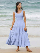 Smocked sleeveless maxi dress with tiered skirt and scoop neckline in lightweight fabric