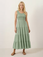 Smocked sleeveless maxi dress with tiered skirt and scoop neckline in lightweight fabric