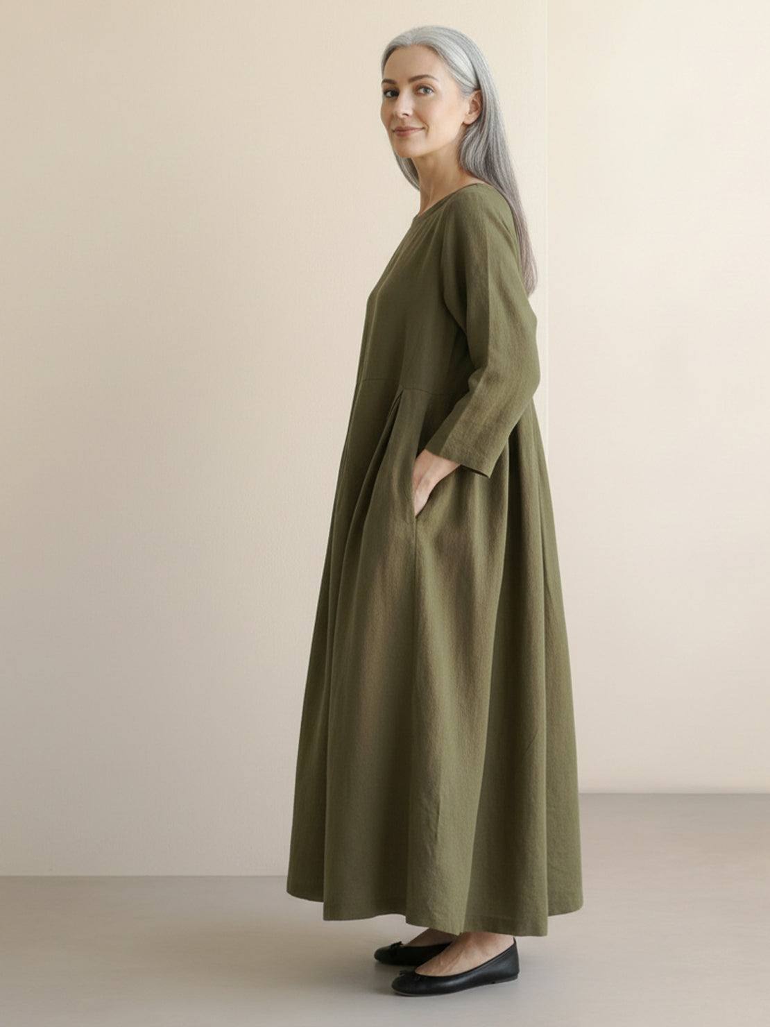 Cotton-Linen Empire Waist Dress with natural crinkle texture and A-line maxi silhouette