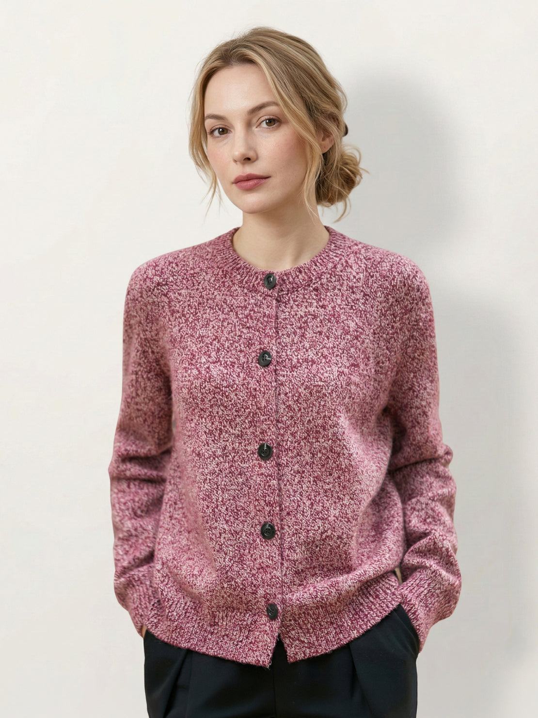 Chunky marled knit Merino wool cardigan with contrasting buttons and ribbed cuffs, soft warm layering piece