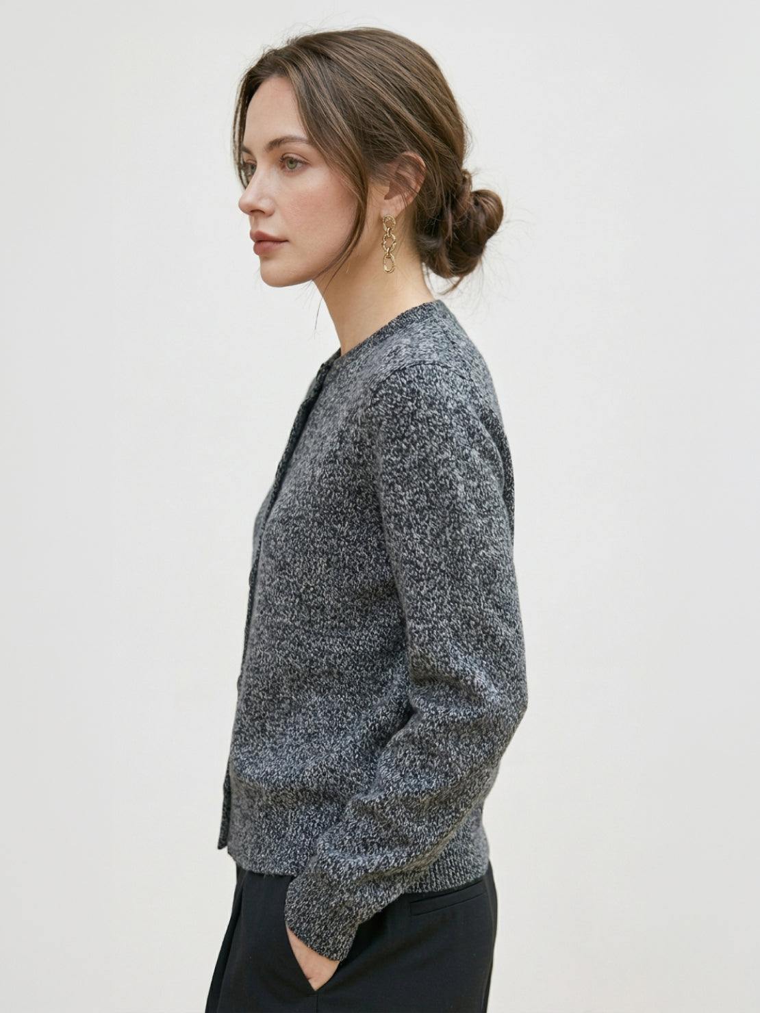 Marled knit merino wool cardigan with button front and ribbed cuffs