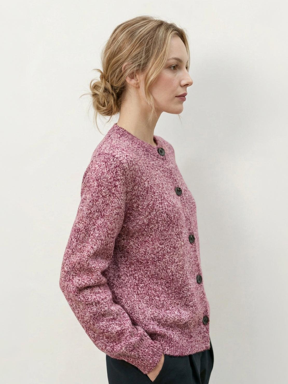 Chunky marled knit Merino wool cardigan with crew neck and contrasting buttons