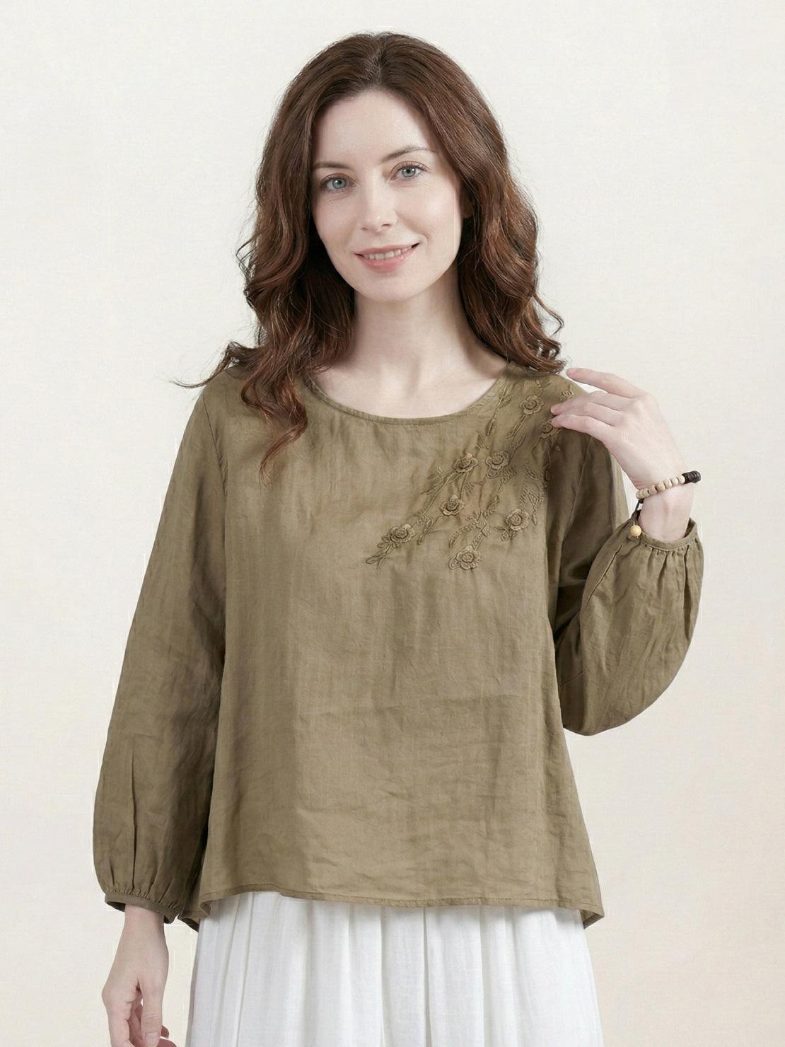 Cotton-Linen embroidered blouse with relaxed boxy fit and 3/4 balloon sleeves