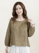 Cotton-Linen embroidered blouse with relaxed boxy fit and 3/4 balloon sleeves