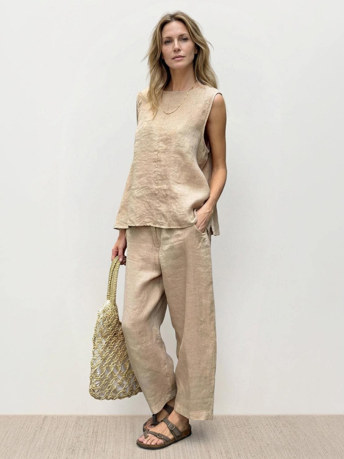 100% cotton crinkle sleeveless top and straight-leg pants two-piece set