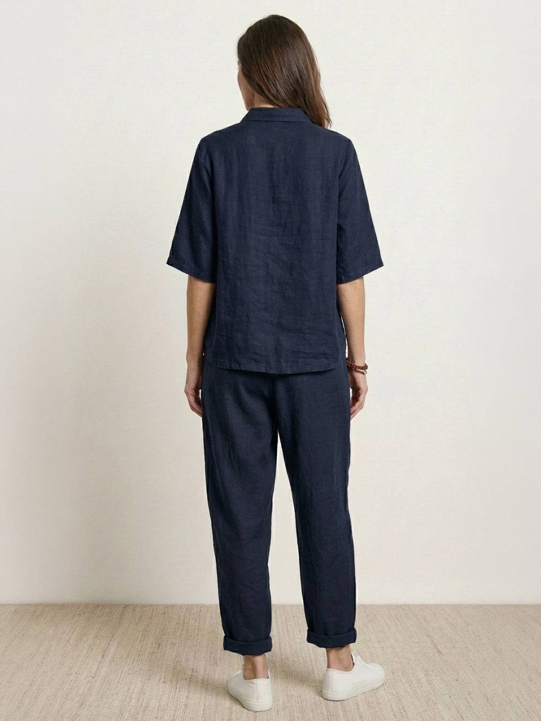 Two-piece 100% cotton artisan set with oversized button-front shirt and wide-leg cropped pants