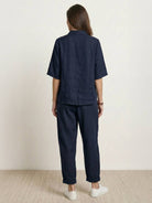 Two-piece 100% cotton artisan set with oversized button-front shirt and wide-leg cropped pants