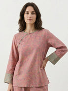 100% cotton Chinese Pankou pajamas set with tunic top and wide-leg pants