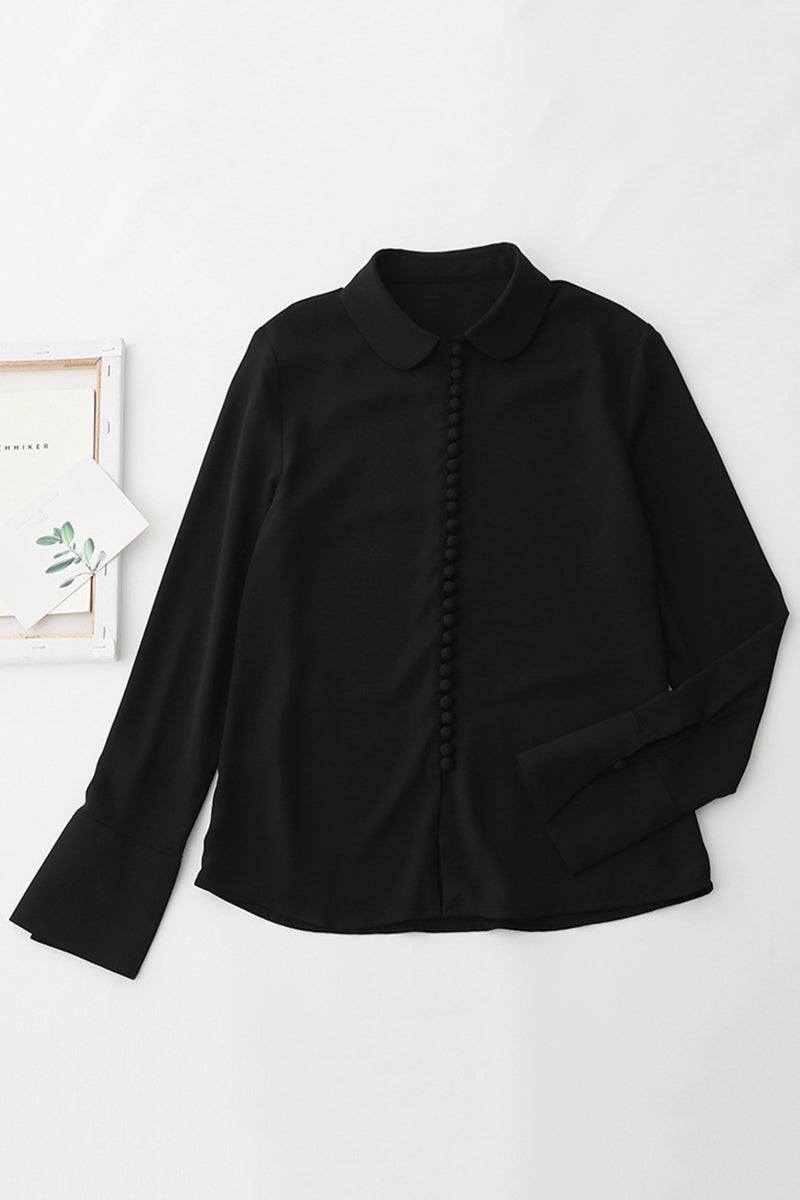 Black Bayam Blouse with long sleeves and button detail, made of 100% polyester, classic and versatile design.