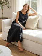 Lightweight 100% cotton linen sleeveless maxi dress with round neckline and loose ankle-length fit
