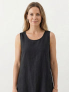 cotton linen sleeveless maxi dress with round neckline and flowing ankle-length design