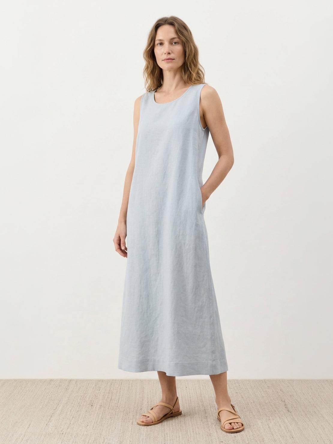 Lightweight cotton linen sleeveless maxi dress with round neckline and flowing ankle-length silhouette
