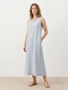 Lightweight cotton linen sleeveless maxi dress with round neckline and flowing ankle-length silhouette
