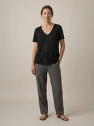 Lightweight linen-bamboo V-neck tee with deep neckline and relaxed fit