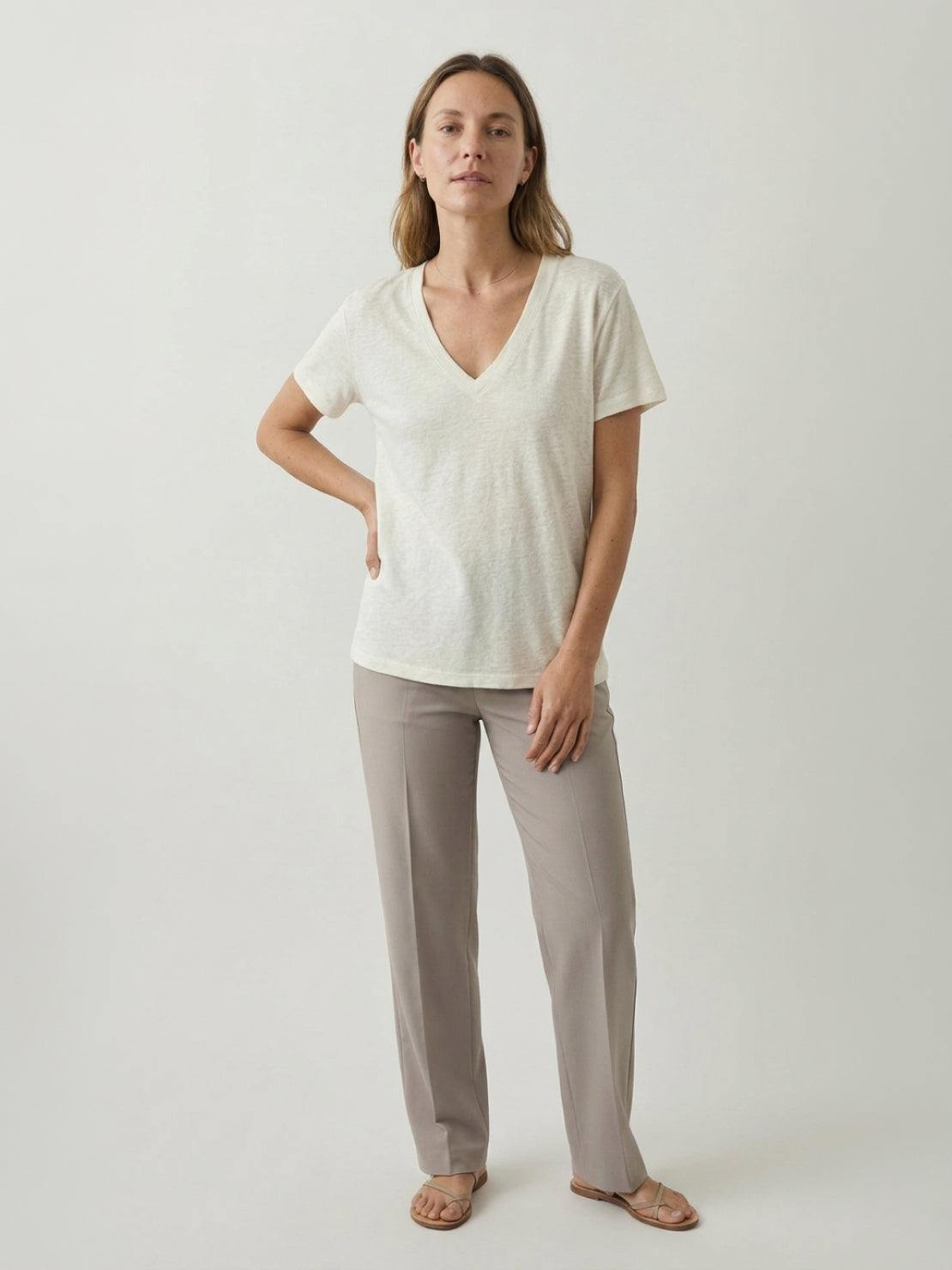 Linen-Bamboo V-Neck Tee with deep V-neck, short sleeves, relaxed fit, and smooth bamboo-linen blend fabric
