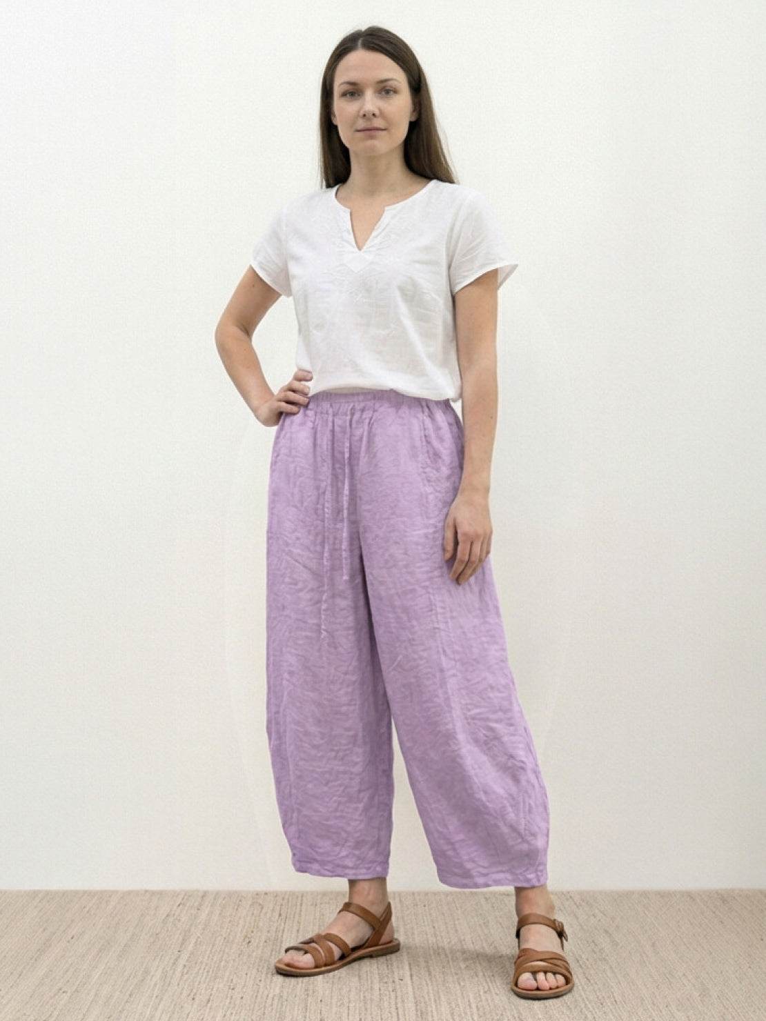 100% linen harem balloon pants with elastic drawstring waistband and side pockets