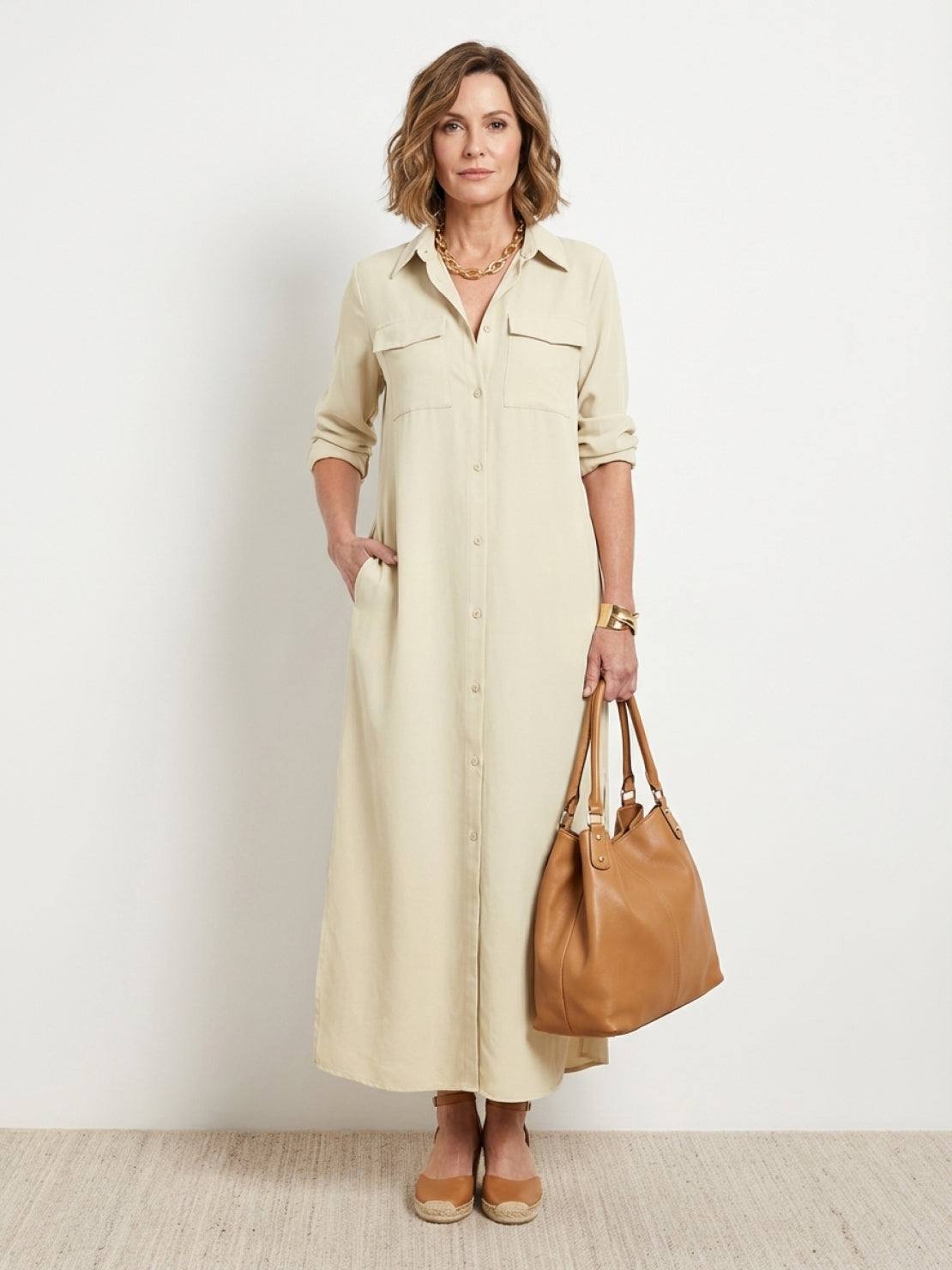 Wrinkle-free maxi button-down dress with point collar and chest pockets