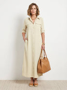 Wrinkle-free maxi button-down dress with point collar and chest pockets