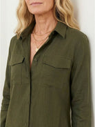 Wrinkle-free maxi button-down dress with point collar, chest pockets, long roll-up sleeves, and side slits