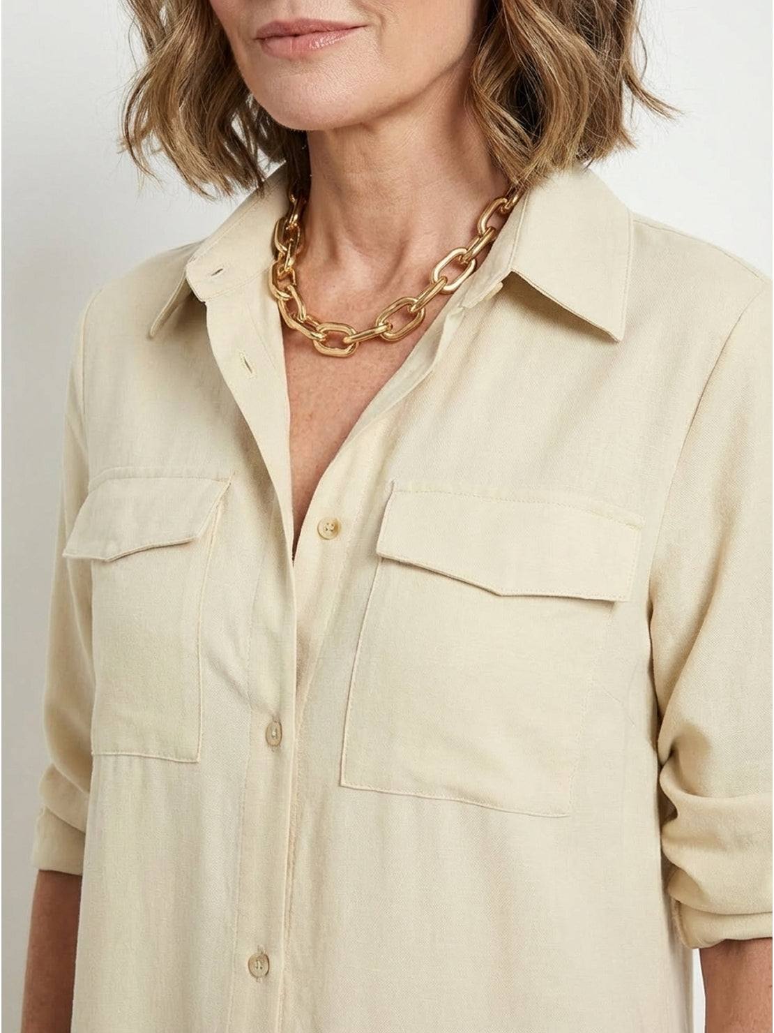 Wrinkle-free maxi shirt dress with button-down front, point collar, chest pockets, long roll-up sleeves, and side slits for movement