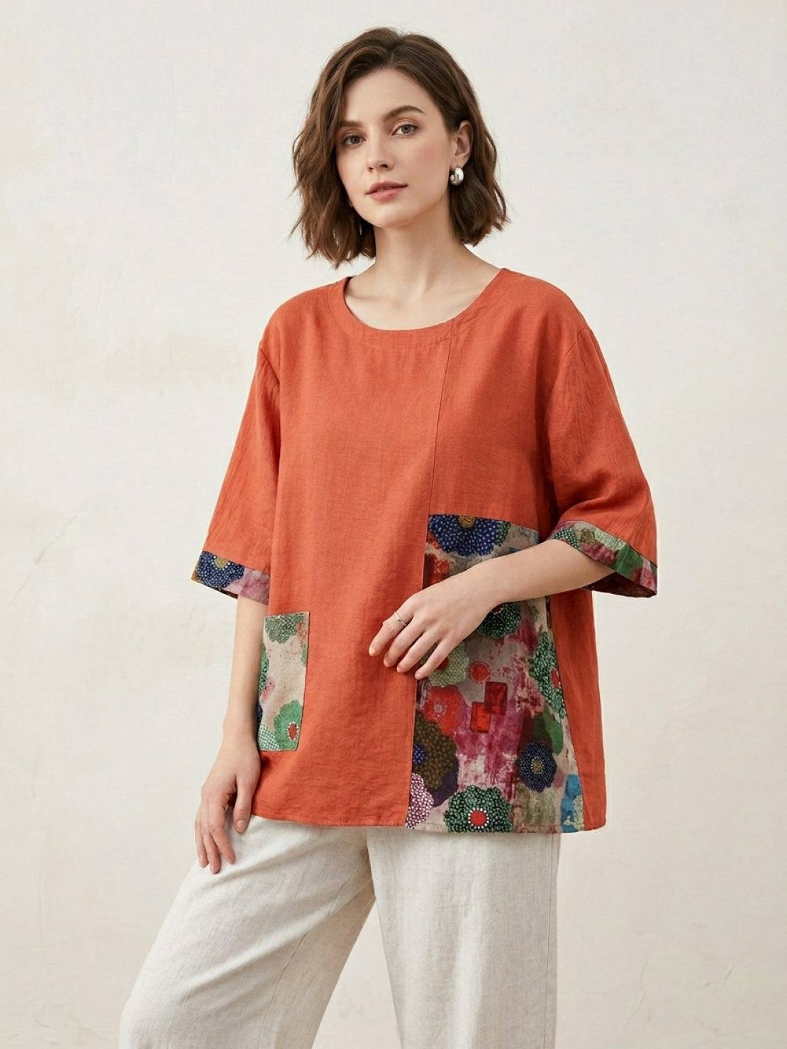 Oversized cotton linen shirt with floral patchwork and elbow-length sleeves