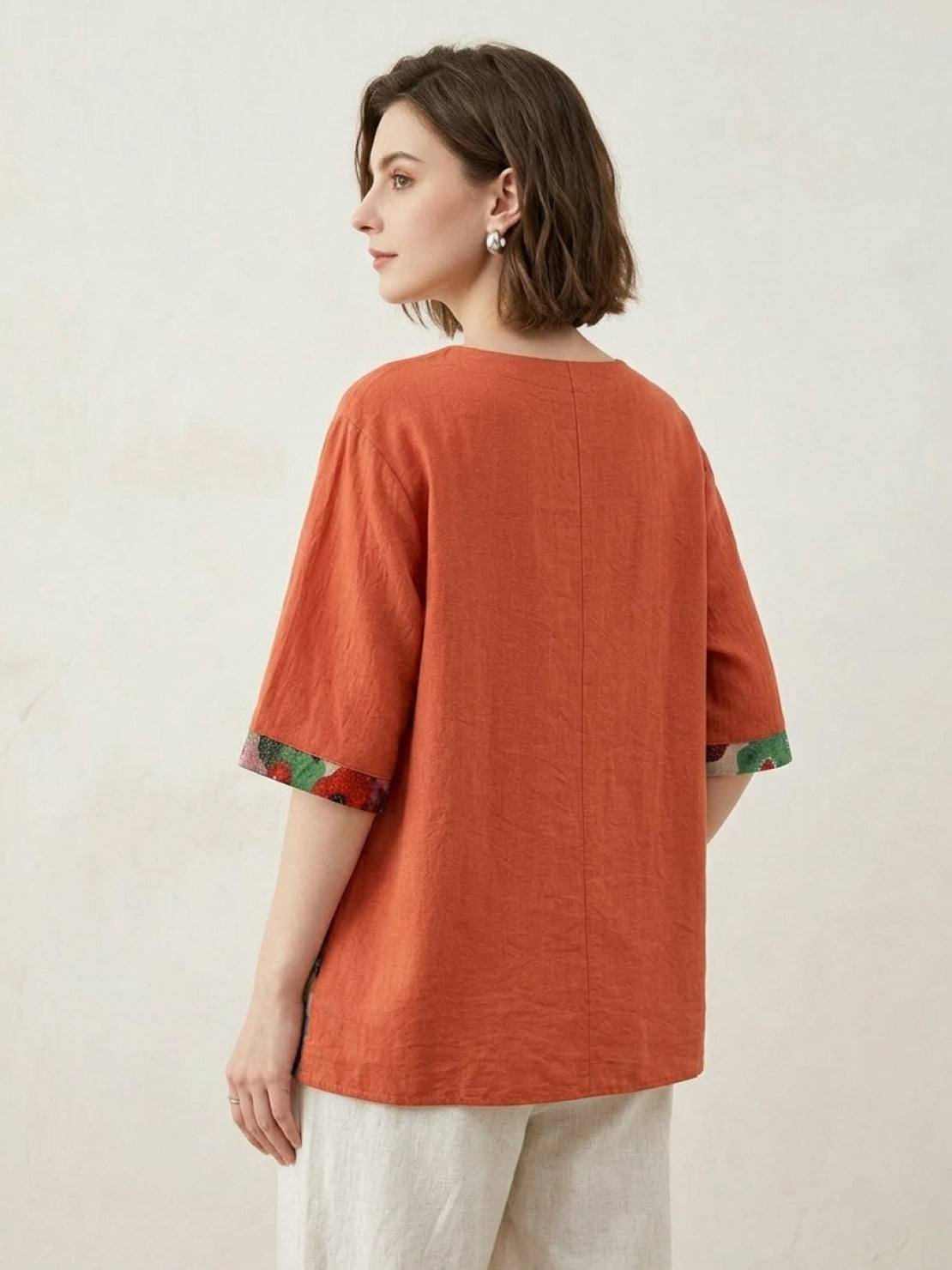 Oversized cotton linen shirt with floral patchwork and elbow-length sleeves