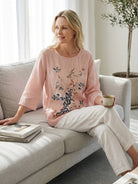 100% cotton linen hand-embroidered shirt with 3/4 flared sleeves and asymmetric hem