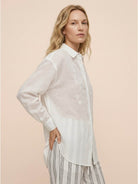 White Ramie Linen-Lyocell embroidered relaxed fit tunic shirt with curved hem and side slits