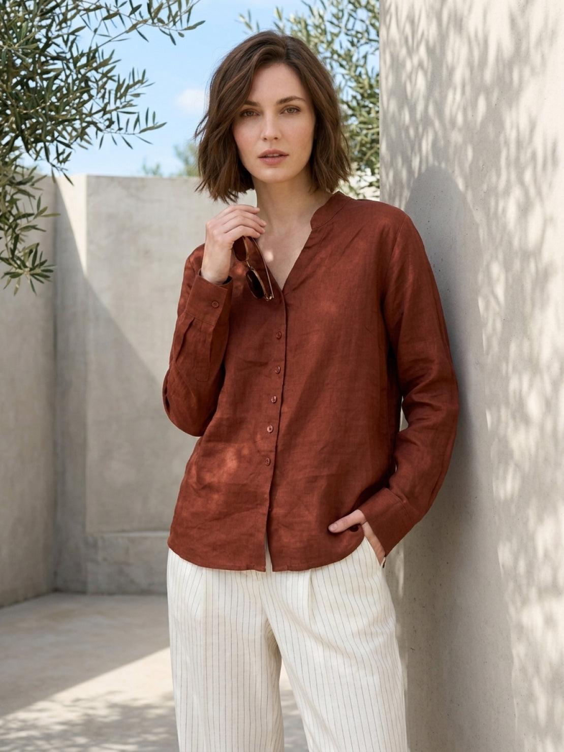 Lightweight 100% linen V-neck shirt with relaxed fit and long sleeves