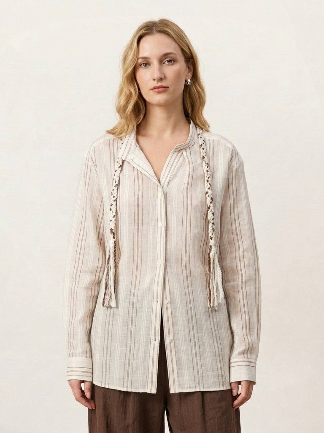 Linen-cotton striped shirt with tassel trim, relaxed fit, and drop shoulder design