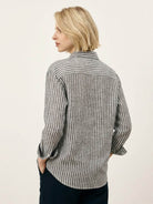 Women's 100% linen pinstripe shirt with loose fit, drop shoulders, and full button placket