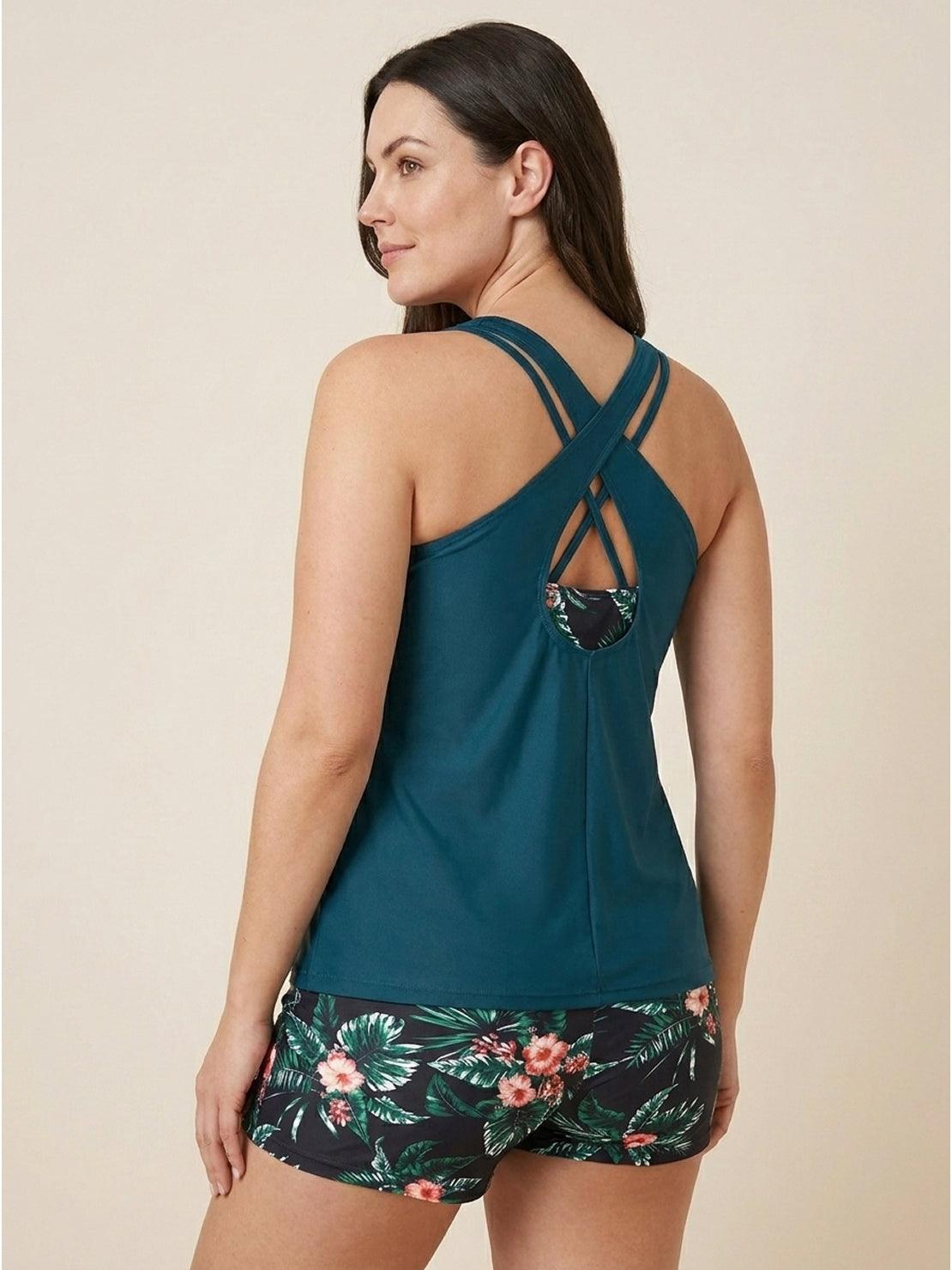 Three-piece swimset with criss-cross back tank and sports bra, printed boy shorts