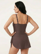 Ruched wrap one-piece swimdress with adjustable straps and tie-front skirt in matte fabric