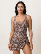 Ruched wrap one-piece swimdress with tie-front skirt and adjustable wide straps for active comfort