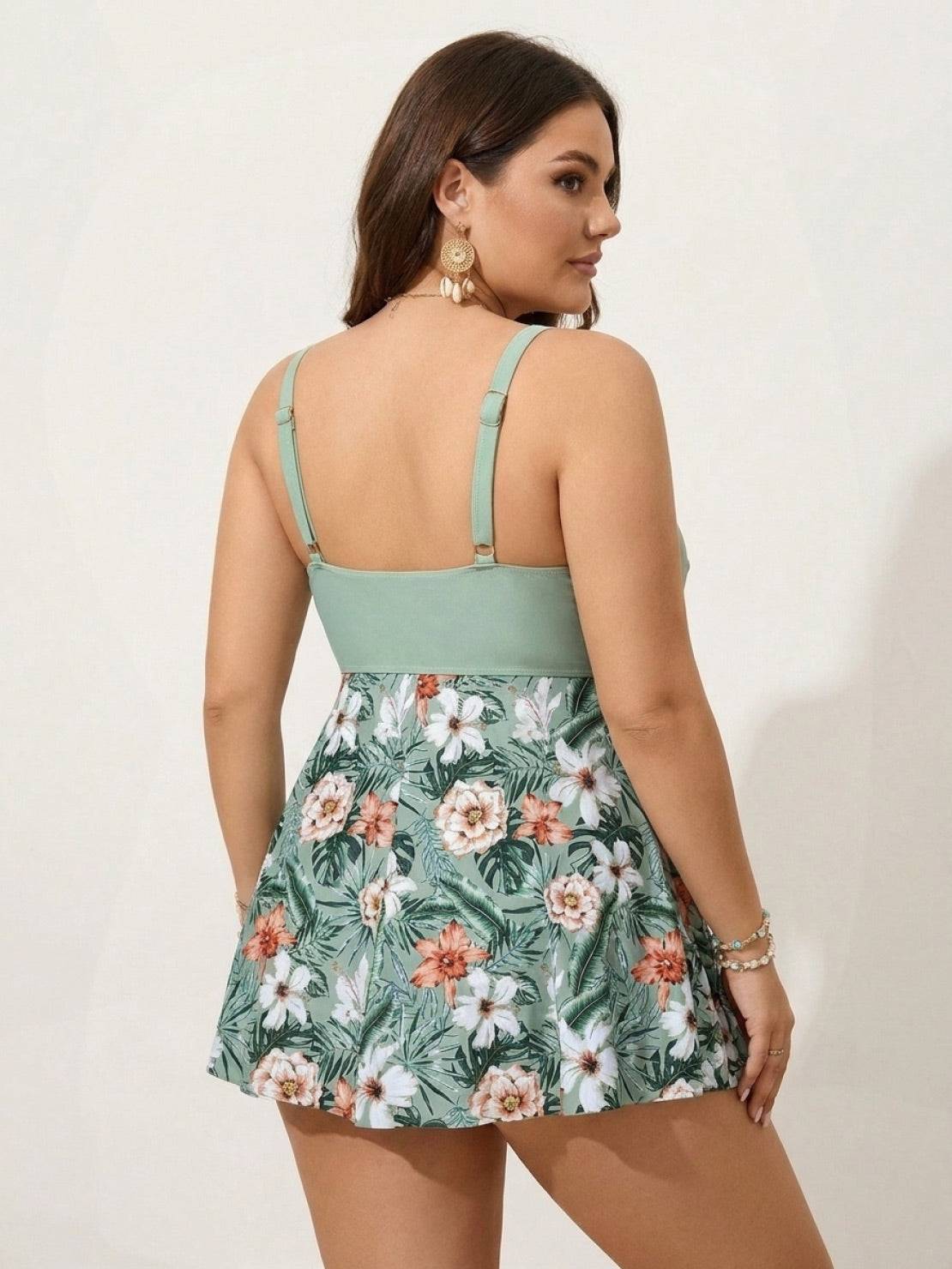Tropical crossover skirted one-piece swimsuit with deep-V top and floral high-waist skirted bottom