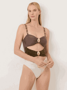 Gold-detail cutout one-piece swimsuit with ruched panels and midi wrap skirt beachwear